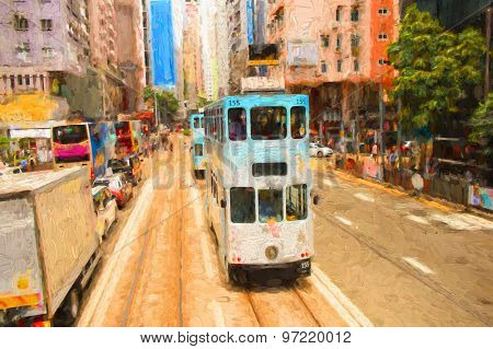 Double-decker tram on street of Hong Kong
