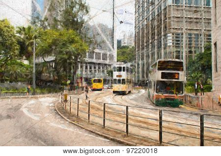 Double-decker tram on street of Hong Kong