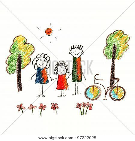 Colorful picture of bicycle and happy family