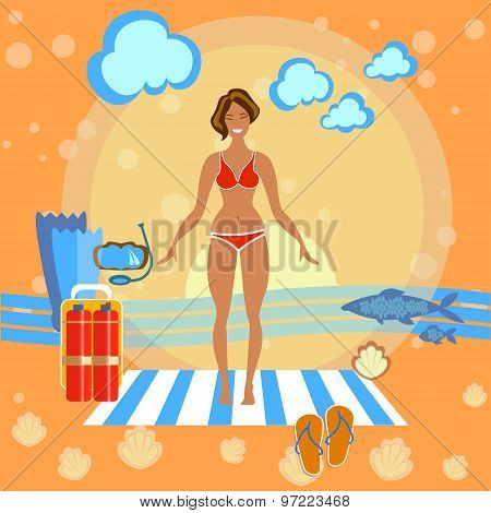 Beautiful Girl On The Beach, Sunbathe, Towel, Woman, Summer, Flippers, Sports, Diving, Smile