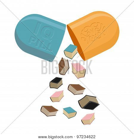 Pills For Mind. Medication To Increase Iq. Book In Tablet. Vector Illustration
