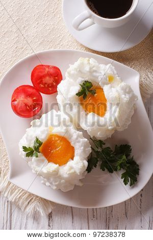 Breakfast: Eggs Orsini And Coffee Close-up. Vertical Top View