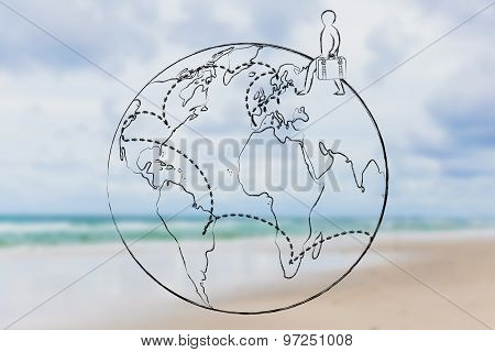 Globetrotter Life: Man With Luggage And Travel Destinations Across The Globe