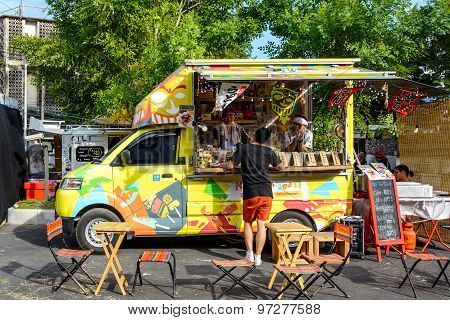 People Order Meal From Food Trucks At Food Truck Fair In Bangkok.