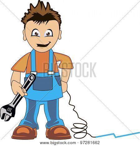 Plumber dressed in clothes of work, a tool in the hand