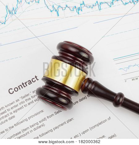 Wooden Judge's Gavel And Contract - Close Up Studio Shot