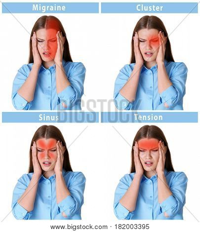 Young woman with different types of headache on white background