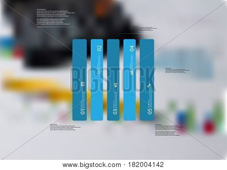 Illustration infographic template with motif of rectangle vertically divided to five standalone blue sections. Blurred photo with financial motif with charts and calculator is used as background.