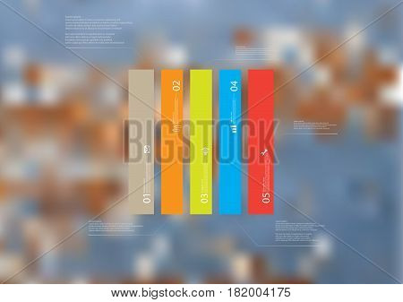 Illustration infographic template with motif of rectangle vertically divided to five standalone color sections. Blurred photo with texture motif of worn wooden board is used as background.