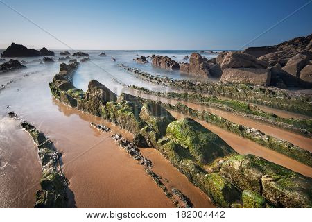 Barrika Beach Mossy Rocks. Bilbao Basque Country Spain.