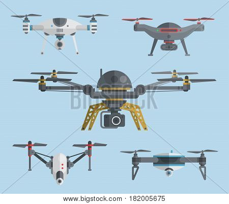 Remote aerial drones with digital cameras. Air quadrocopters collection. Modern flying copters with action cameras for mobile filming and photo. Flat drone icons. Vector illustration art.
