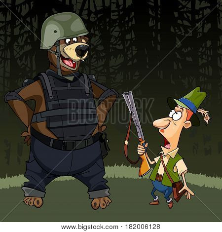 cartoon hunter with a gun was afraid of a bear in body armor