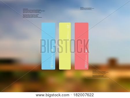 Illustration infographic template with motif of rectangle vertically divided to three standalone color sections. Blurred photo with natural motif landscape with cloudy sky is used as background.