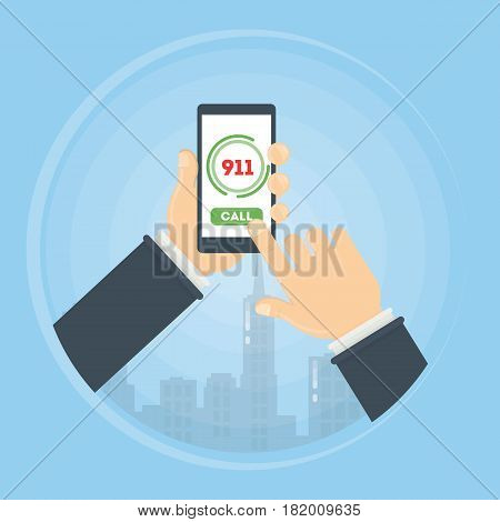 Call the ambulance. Person holds smartphone and calls the first aid. 911 rescue.