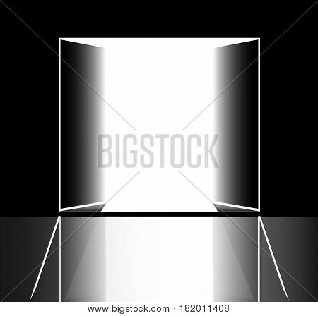 Two opened black doors on black background.