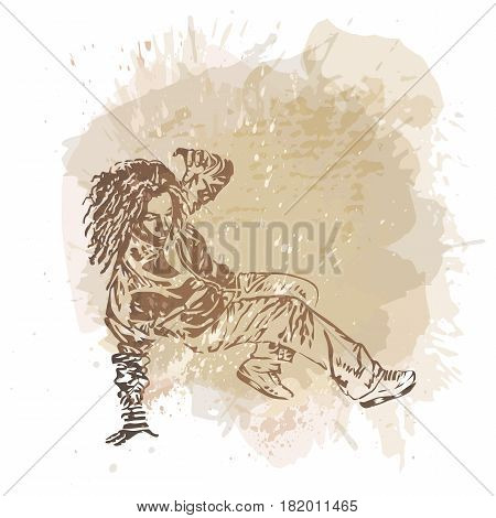 Street girl dancer. Watercolor gray style background