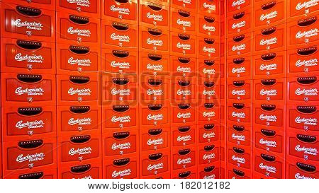 Ceske Budejovice Czech Republic - June 30 2016: Budvar Budweiser brewery. Wall of beer crates.