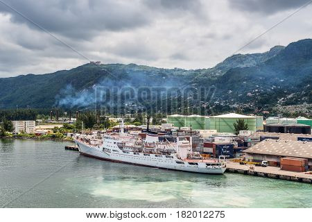 Victoria Mahe island Seychelles - December 17 2015: Oceanographic research ship Admiral Vladimirsky (Russian Baltic Fleet) in the Port Victoria Mahe island Seychelles on the way to Antarctica.