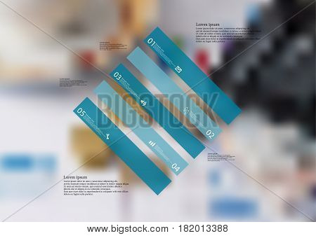 Illustration infographic template with motif of rhombus askew divided to five standalone blue sections. Blurred photo with financial motif with charts coins and calculator is used as background.