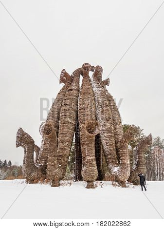 NIKOLA-LENIVETS RUSSIA - January 15 2017. Tourist near artobject 