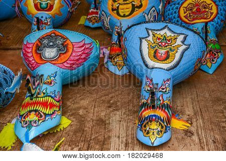 Thai northeastern traditional Phi Ta Khon ghost mask dancers use in Phi Ta Kon festival parade