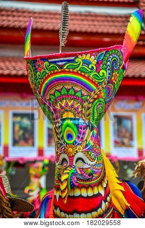 CLoseup Thai northeastern traditional Phi Ta Khon ghost mask in Phi Ta Khon Festival parade in Dansai Loei of Thailand