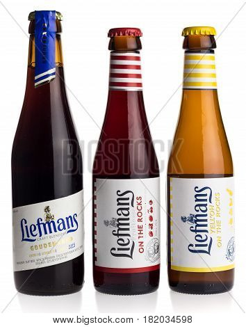GRONINGEN, NETHERLANDS - APRIL 15, 2017: Bottles of Belgian Liefmans fruit beer isolated on a white background
