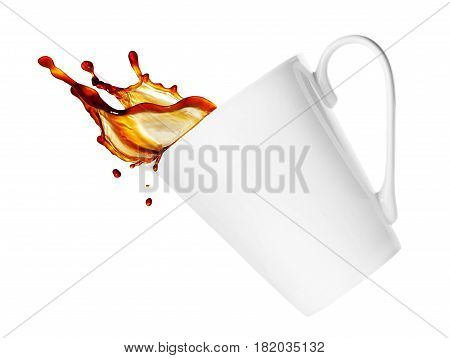 simple white cup of coffee or tea with splash isolated on white background. Brown splash from a cup
