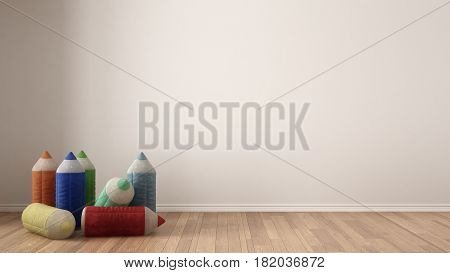Kids minimalist white background with stuffed colored pencils on parquet flooring child room nursery interior design, 3d illustration