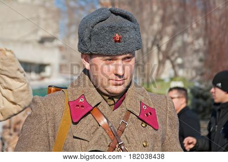 Volgograd Russia - January 30 2011: Portrait of actor dressed as Russian Soviet soldier of World War II in reconstruction of the capture of field Marshal Paulus in Volgograd