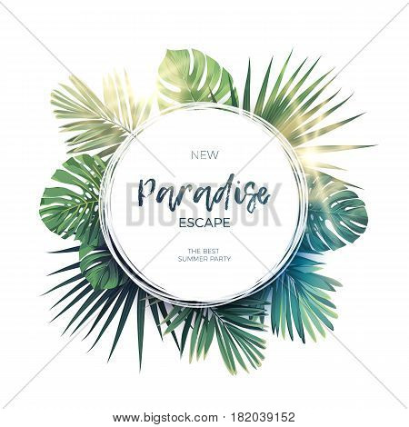 Green summer tropical background with exotic palm leaves and plants. Floral background, vector illustration.