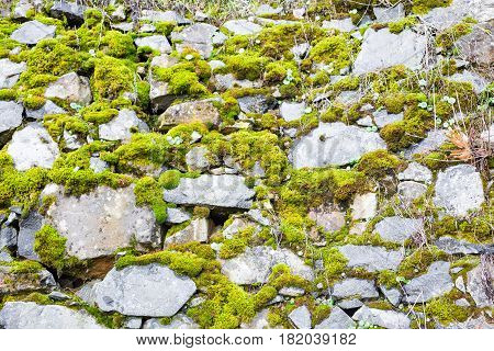 Background wall made of stone. Fragment of a wall from a chipped stone
