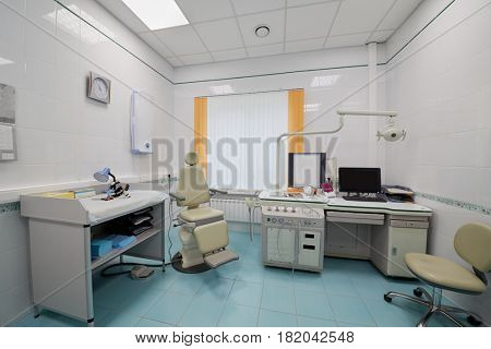 Interior of room with medical equipment.