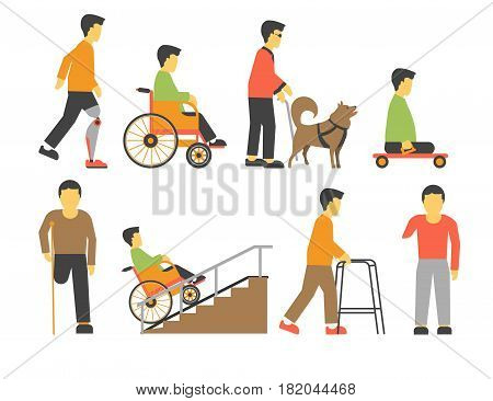 Handicapped people with physical disability. Man in wheel chair with amputated leg and hand prosthesis, blind person and dog guide. Vector flat icons for medical infographics