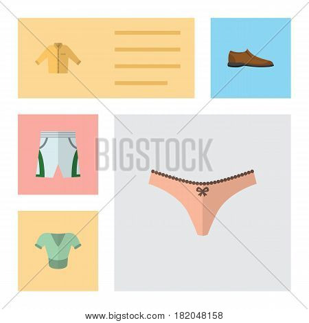 Flat Garment Set Of Lingerie, Male Footware, Banyan And Other Vector Objects. Also Includes Trunks, Cloth, Shirt Elements.