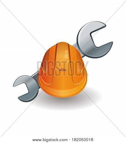 Working hard hat and wrench. Orange helmet and spanner. Vector illustration icon isolated on a white background
