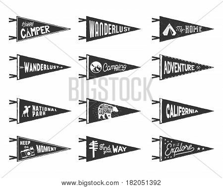 Set of adventure, surfing, camping pennants. Retro monochrome labels. Vintage hand drawn wanderlust style. Isolated on white background. Good for t shirt, mug, other identity. Vector illustration.