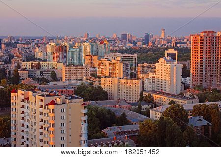Dormitory area of Kyiv city on the beautiful sunset, Ukraine