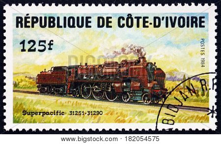IVORY COAST - CIRCA 1984: a stamp printed in Ivory Coast shows Superpacific Locomotive circa 1984