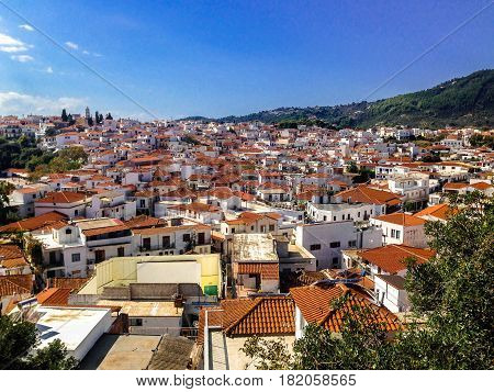 view over the rooftops of skiathos old town