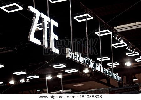 Hannover, Germany - March, 2017: ZTE stand on exhibition Cebit 2017 in Hannover Messe, Germany