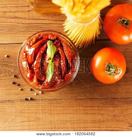 Italian Spaghetti With Ingredients For Cooking Pasta. Top View