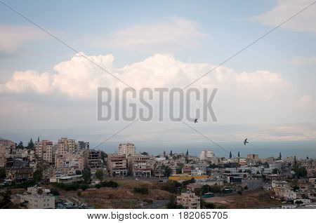 Top view of the residential neighborhoods of Tiberias , Israel .
