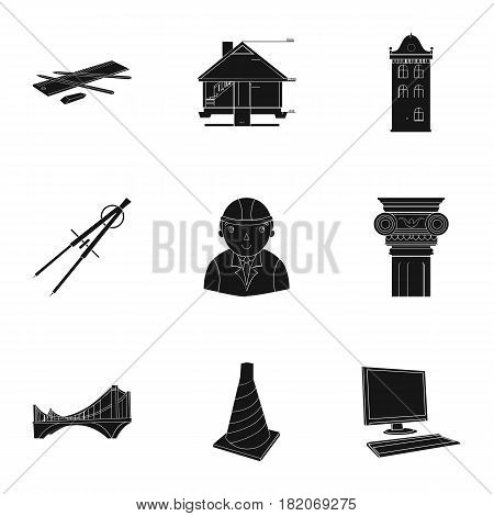 A set of icons on the theme of construction and architects. Builders, architects, and subjects for construction . Architect icon in set collection on black style vector symbol stock web illustration.