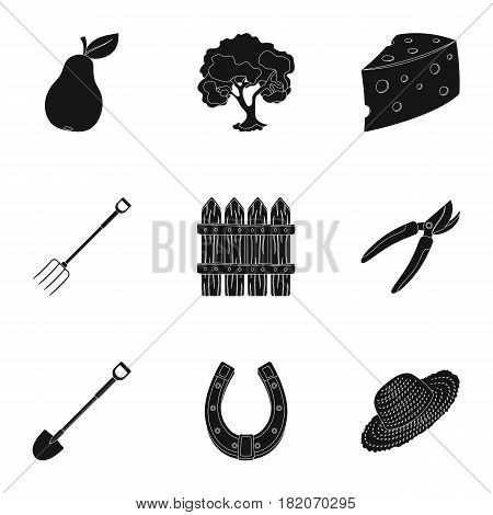 Set of pictures about gardening. Village, vegetable garden, garden, ecology.Farm and Gardening icon in set collection on black style vector symbol stock web illustration.