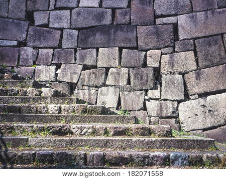 Light and Shade of Stairway and Stone Wall in Osaka Castle, Japan