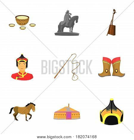 Mongolian national characteristics. Icons set about Mongolia.Clothing, soldiers, equipment. Mongolia icon in set collection on cartoon style vector symbol stock web illustration.