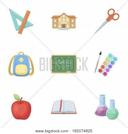 Set of pictures about the school. Study training. Supplies for school.Outfit of the student. School and eduacation icon in set collection on cartoon style vector symbol stock web illustration.
