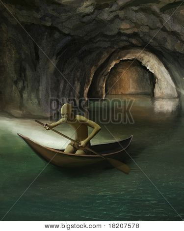 Goblin In barca sul lago sotterraneo, pittura digitale