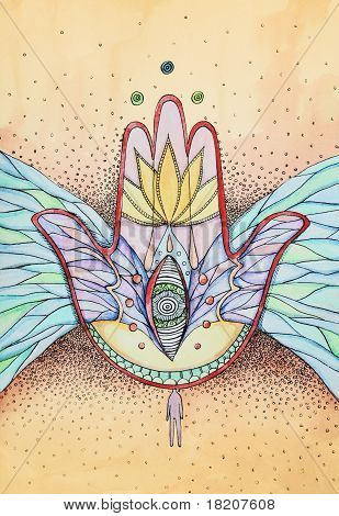 Abstraktní Hamsa ruka s křídly a oko, inkoust a akvarel ilustrace